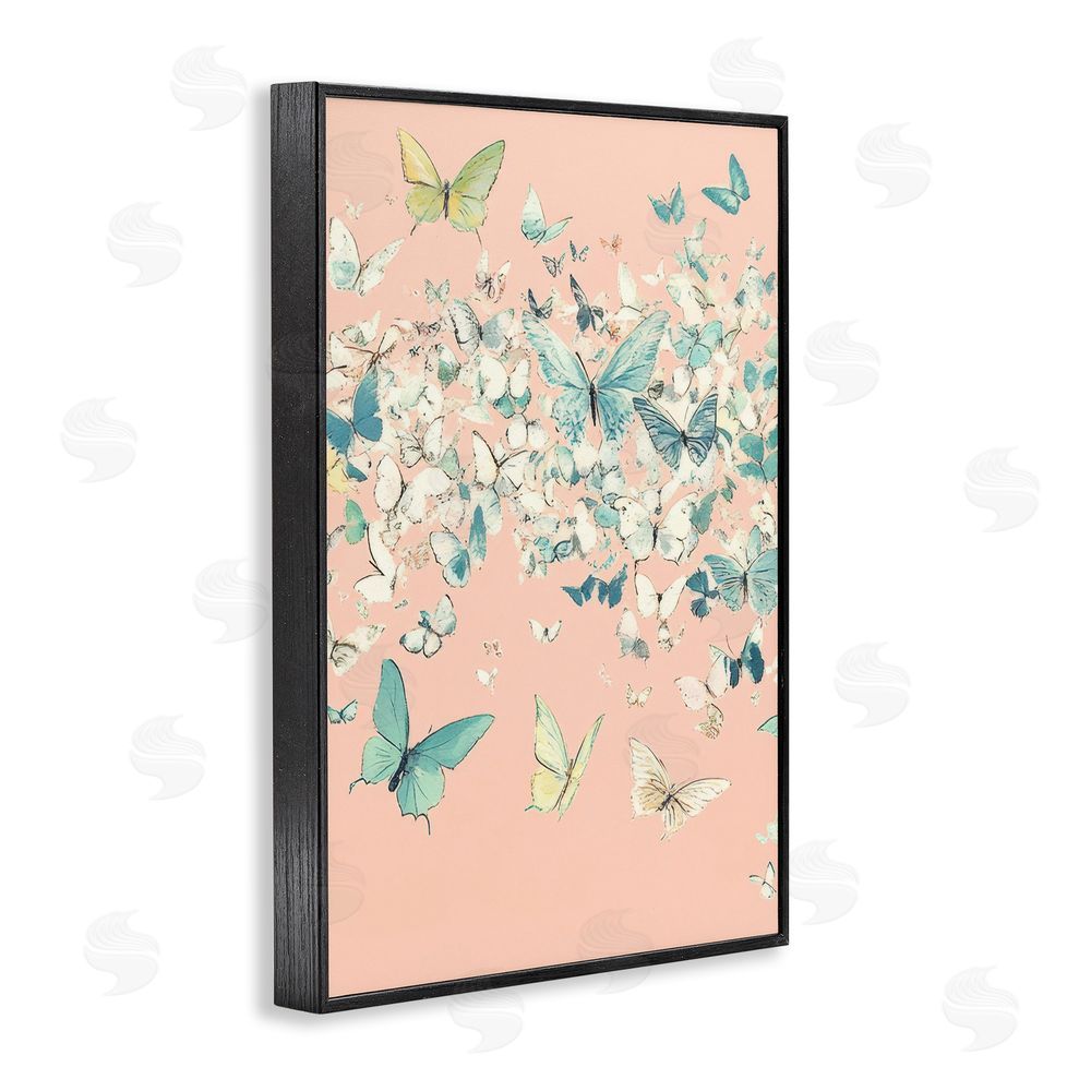 Petal Prints Design Butterfly Cluster over Pink Black Framed Giclee Wall Art Print