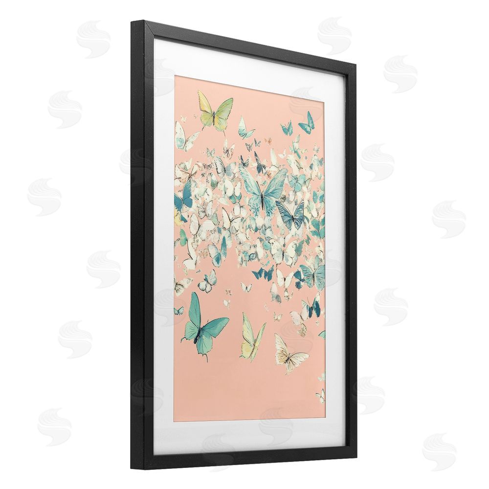 Petal Prints Design Butterfly Cluster over Pink Black Framed Print Under Glass with White Mat Wall Art