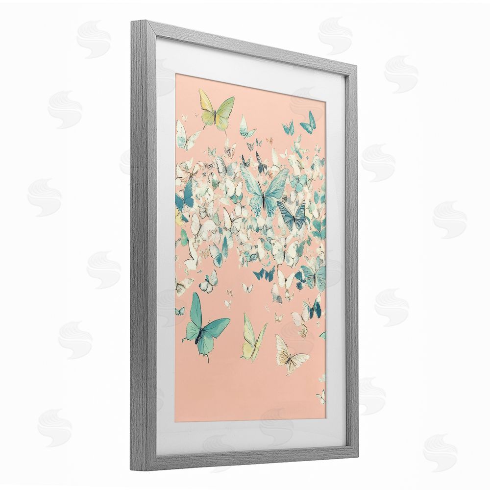 Petal Prints Design Butterfly Cluster over Pink Gray Framed Print Under Glass with White Mat Wall Art
