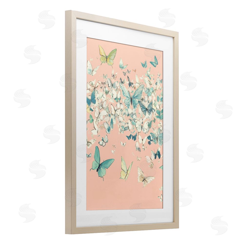 Petal Prints Design Butterfly Cluster over Pink Birch Framed Print Under Glass with White Mat Wall Art