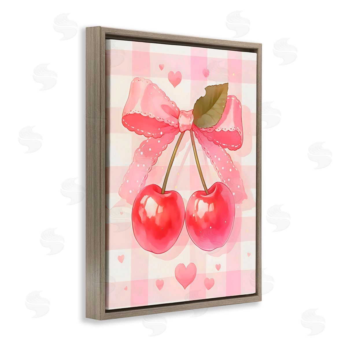 Creative Studio Cherries On Pink Gingham Brown Floating Frame Canvas Art Print