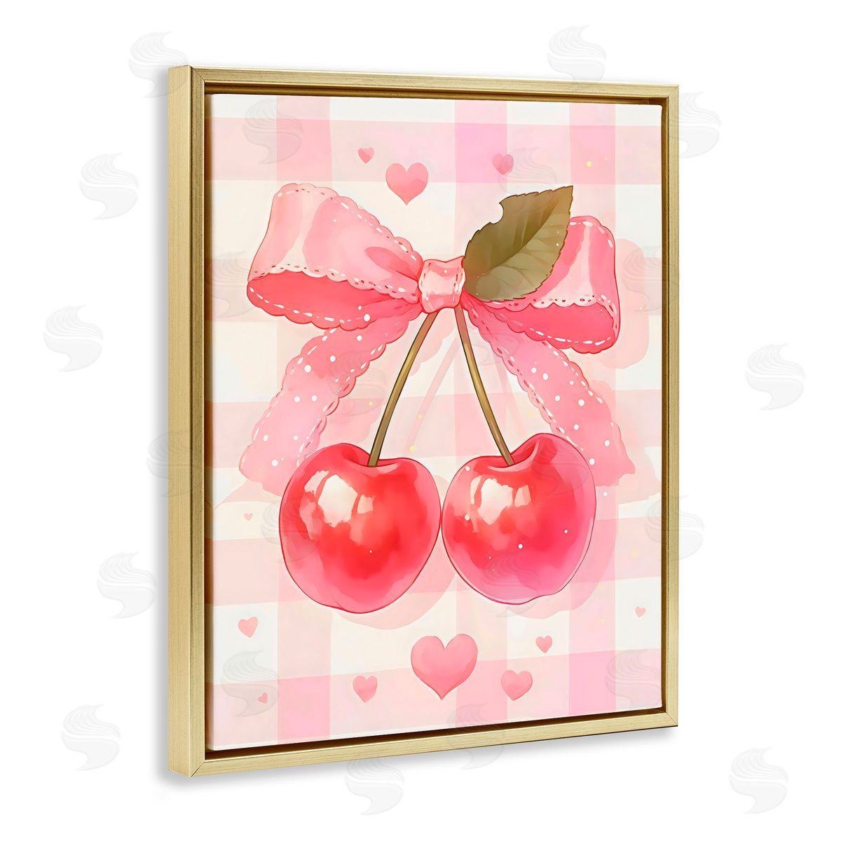 Creative Studio Cherries On Pink Gingham Gold Floating Frame Canvas Art Print