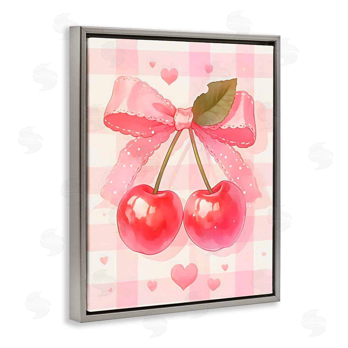 Creative Studio Cherries On Pink Gingham Gray Floating Frame Canvas Art Print