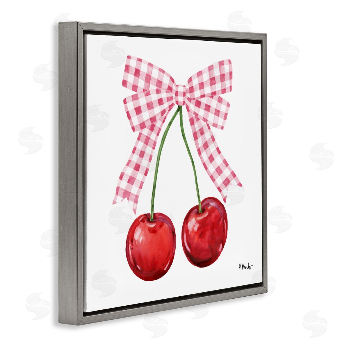 Paul Brent Lucky Cherries & Pink Bow Gray Floating Frame Canvas Art Print