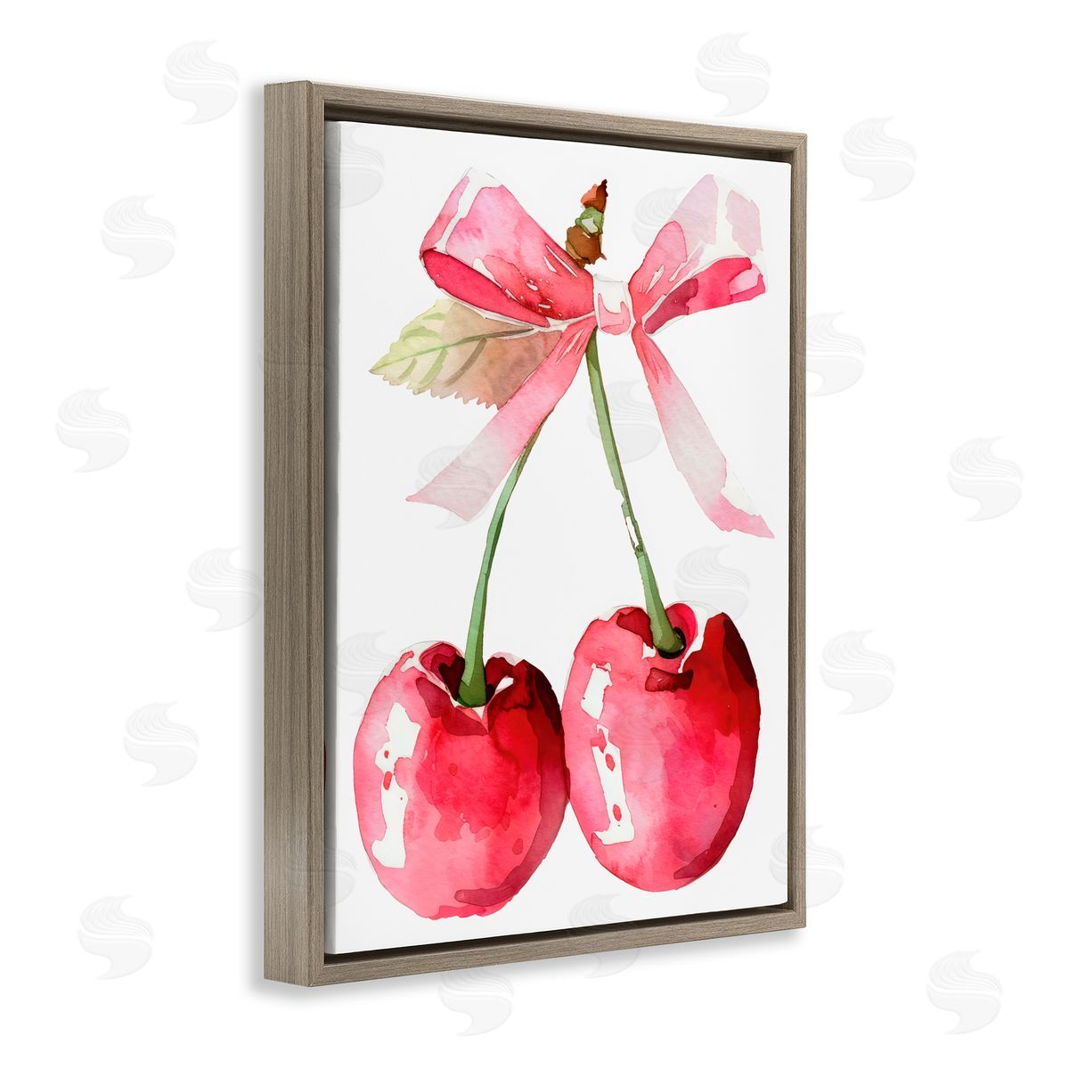 Creative Studio Cherries with Chic Pink Bow Brown Floating Frame Canvas Art Print