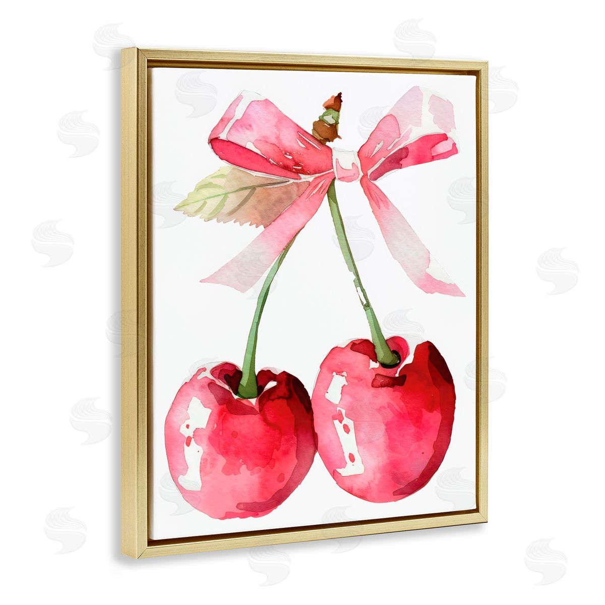 Creative Studio Cherries with Chic Pink Bow Gold Floating Frame Canvas Art Print