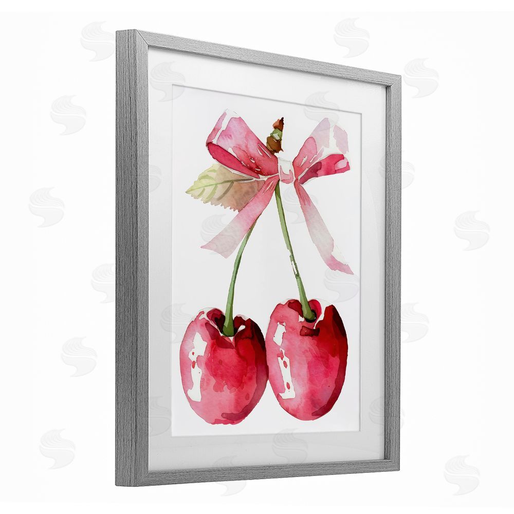 Creative Studio Cherries with Chic Pink Bow Gray Framed Print Under Glass Art