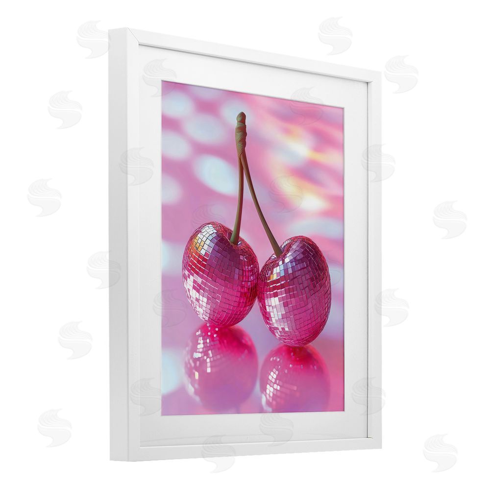 Creative Studio Pastel Disco Ball Cherries White Framed Print Under Glass Art