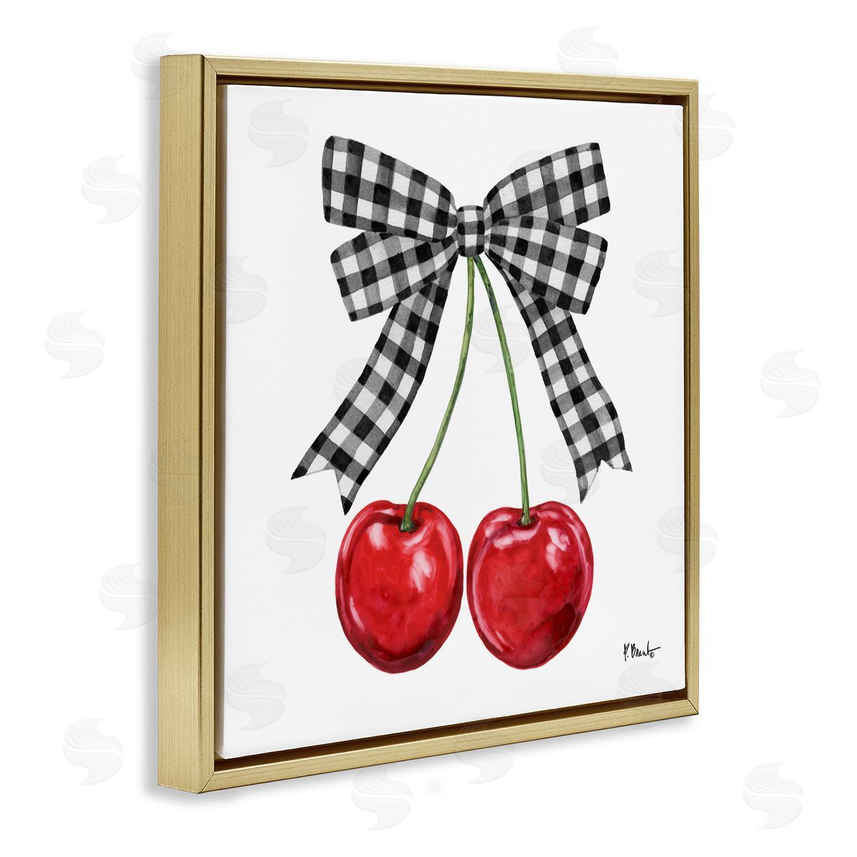Paul Brent Lucky Cherries & Plaid Bow Gold Floating Frame Canvas Art Print