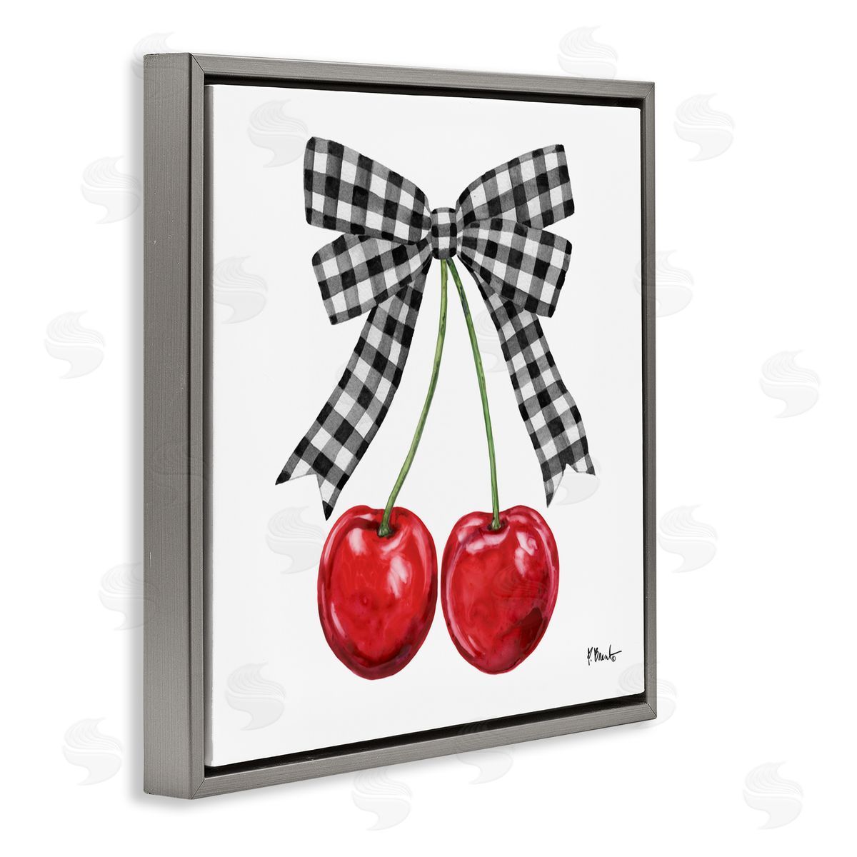 Paul Brent Lucky Cherries & Plaid Bow Gray Floating Frame Canvas Art Print