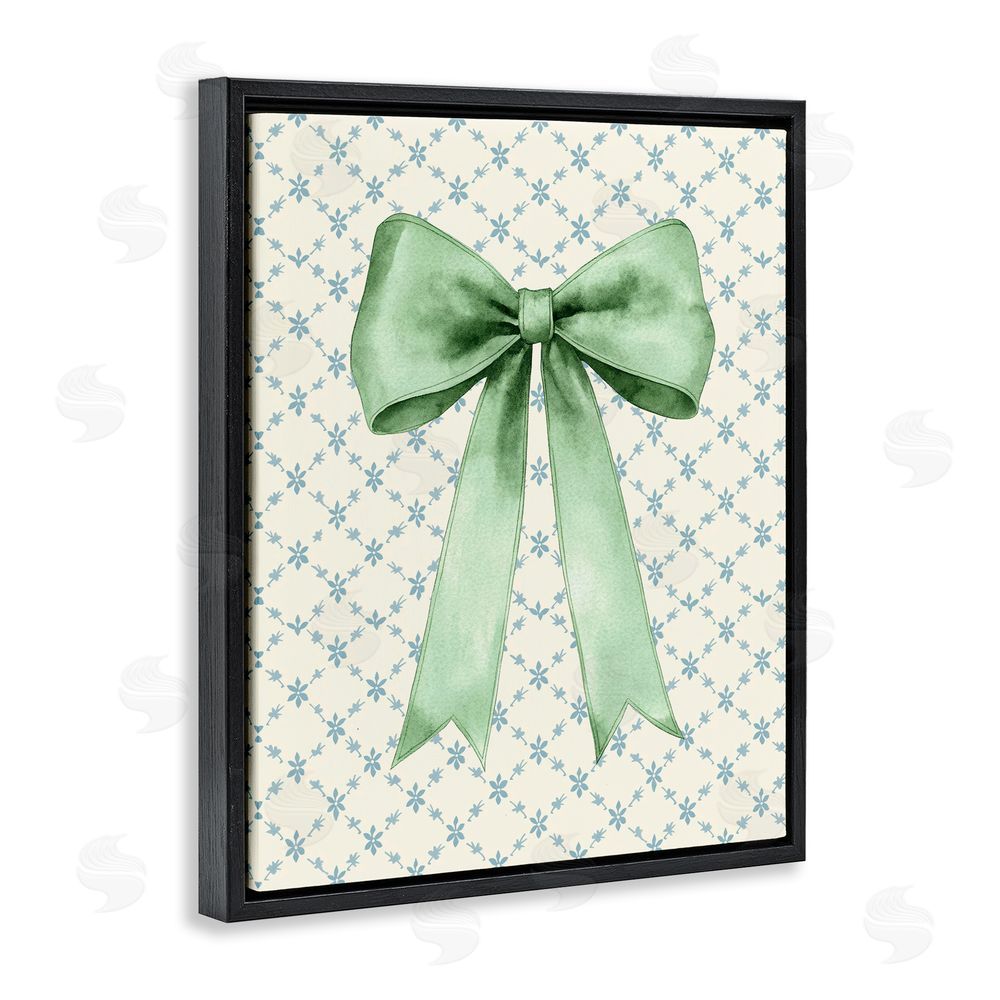 Petal Prints Design Green Bow on Rose Quilt Pattern Black Floating Frame Canvas Wall Art Print