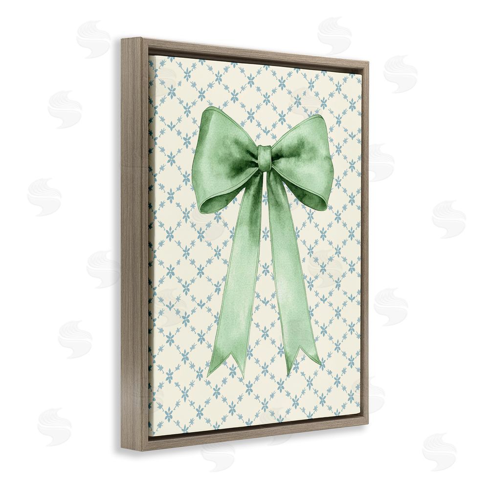 Petal Prints Design Green Bow on Rose Quilt Pattern Brown Floating Frame Canvas Wall Art Print