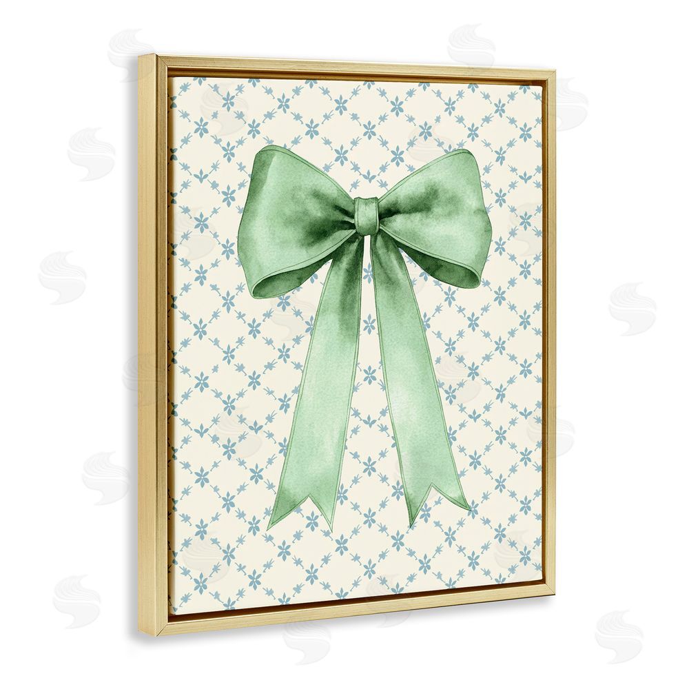 Petal Prints Design Green Bow on Rose Quilt Pattern Gold Floating Frame Canvas Wall Art Print