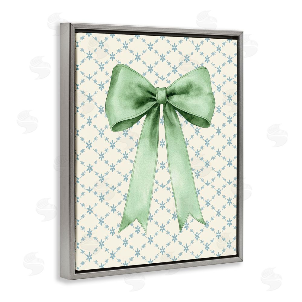 Petal Prints Design Green Bow on Rose Quilt Pattern Gray Floating Frame Canvas Wall Art Print