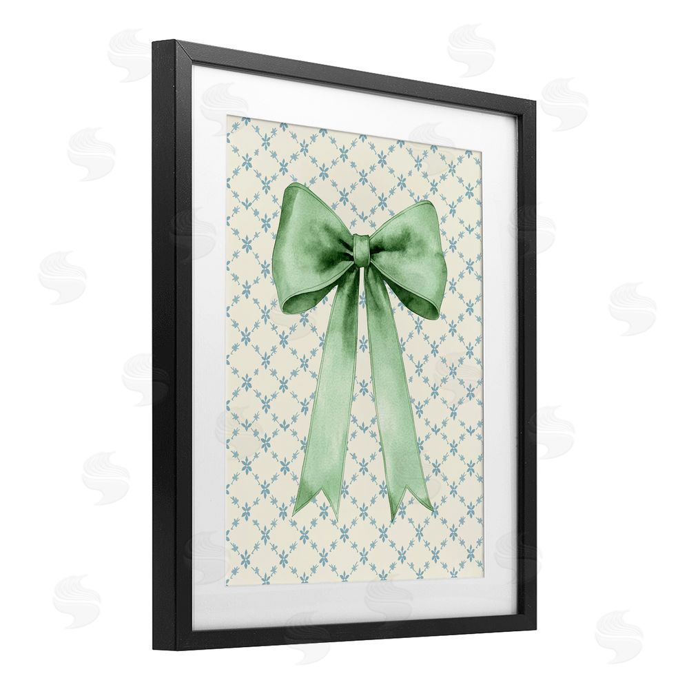 Petal Prints Design Green Bow on Rose Quilt Pattern Black Framed Print Under Glass with White Mat Wall Art