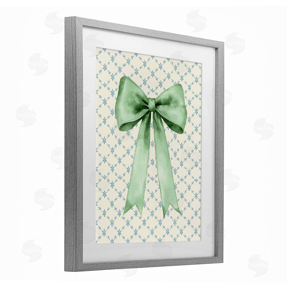 Petal Prints Design Green Bow on Rose Quilt Pattern Gray Framed Print Under Glass with White Mat Wall Art