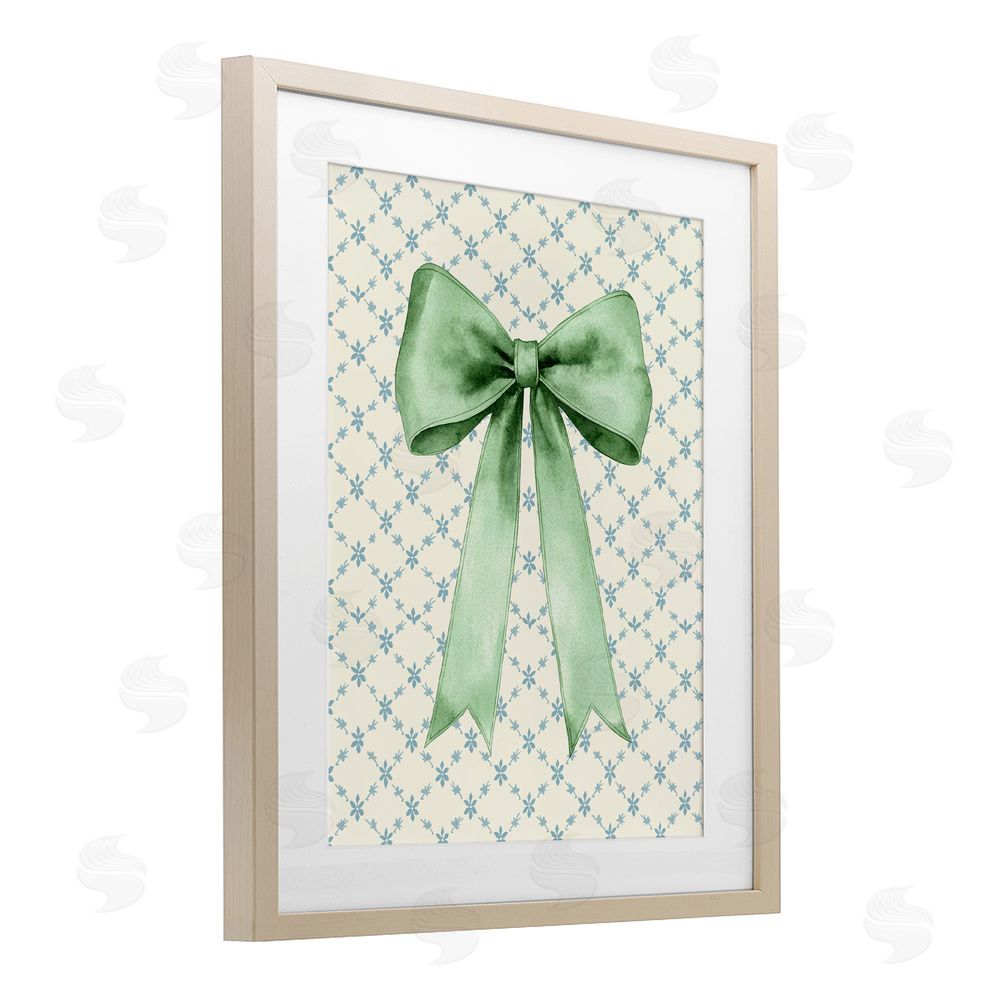 Petal Prints Design Green Bow on Rose Quilt Pattern Birch Framed Print Under Glass with White Mat Wall Art