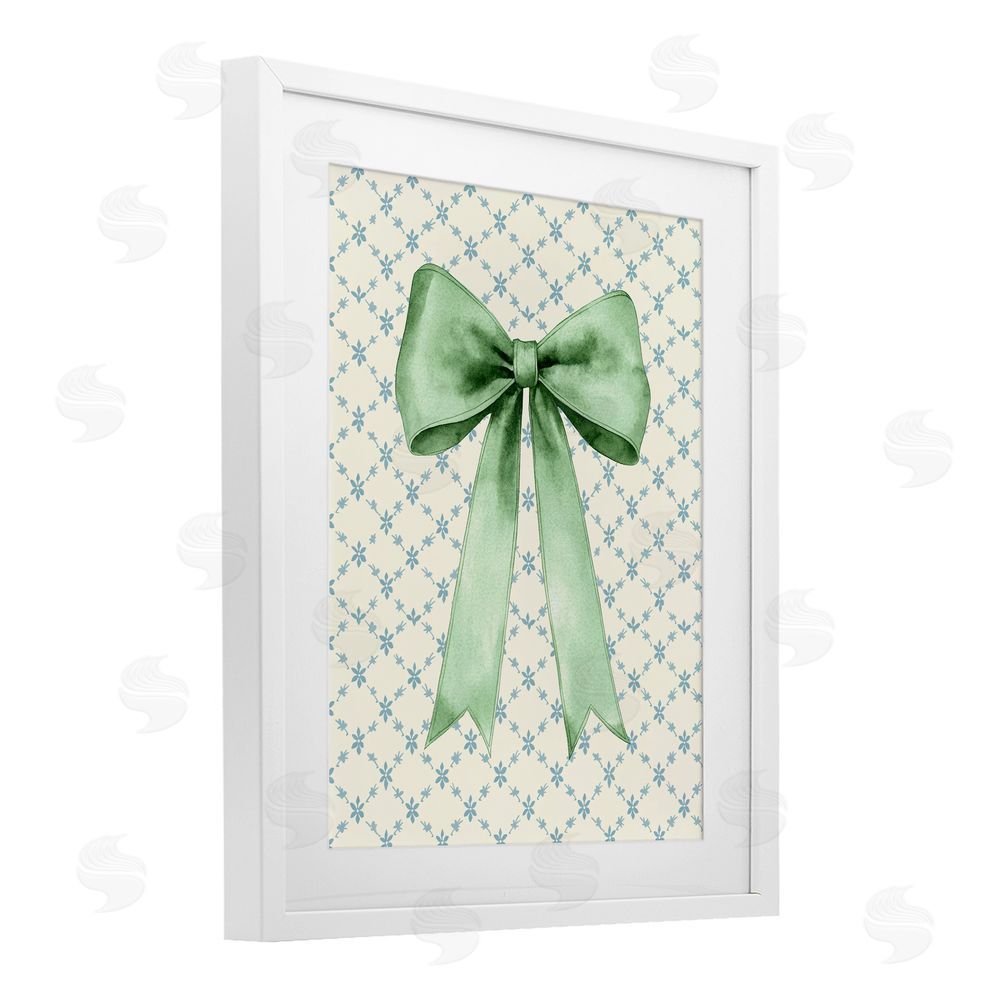 Petal Prints Design Green Bow on Rose Quilt Pattern White Framed Print Under Glass with Mat Wall Art
