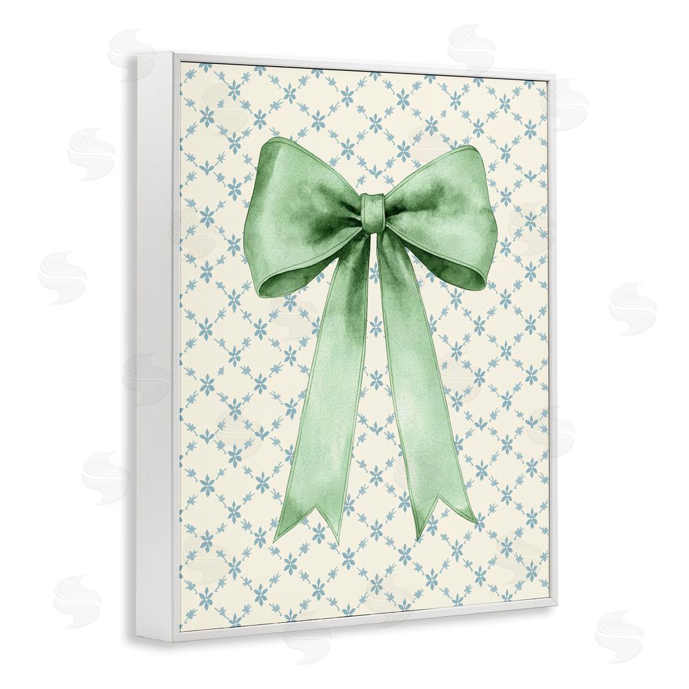 Petal Prints Design Green Bow on Rose Quilt Pattern White Framed Giclee Wall Art Print
