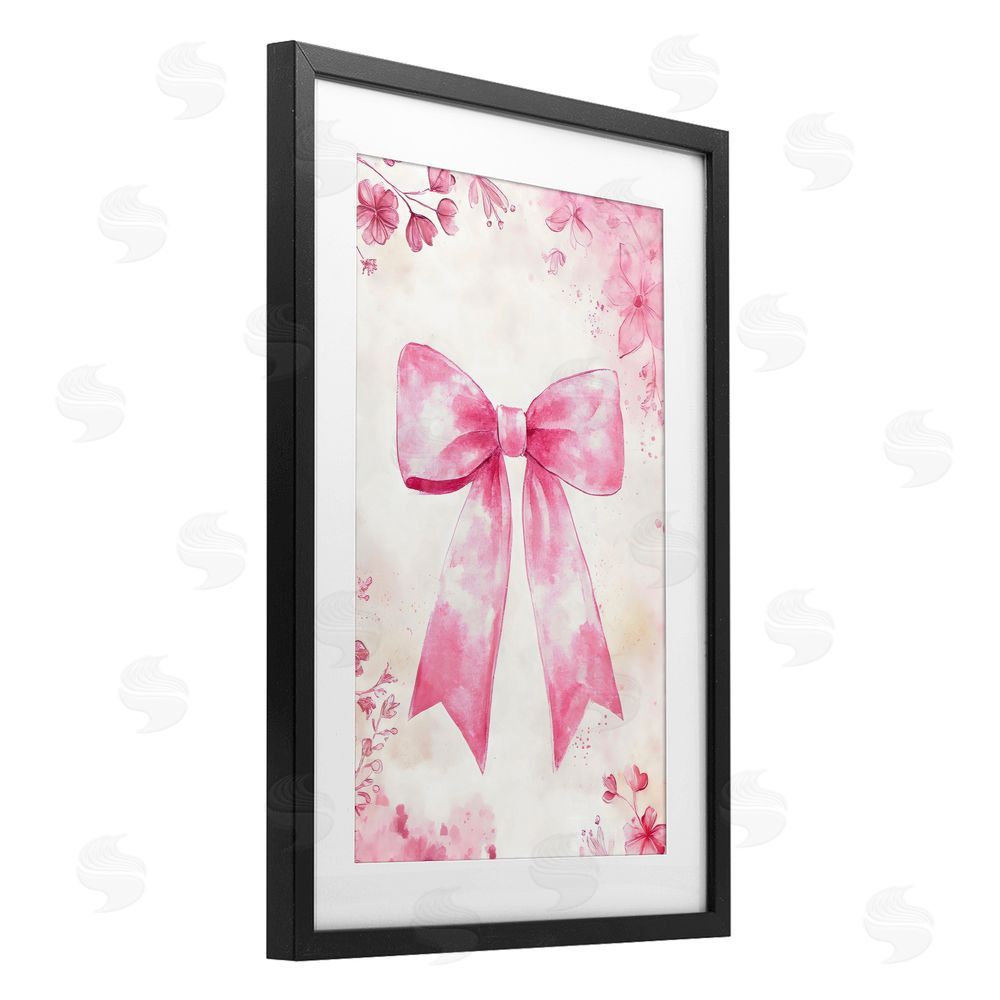 Creative Studio Whimsical Floral Bow Pink & Beige Black Framed Print Under Glass with White Mat Wall Art