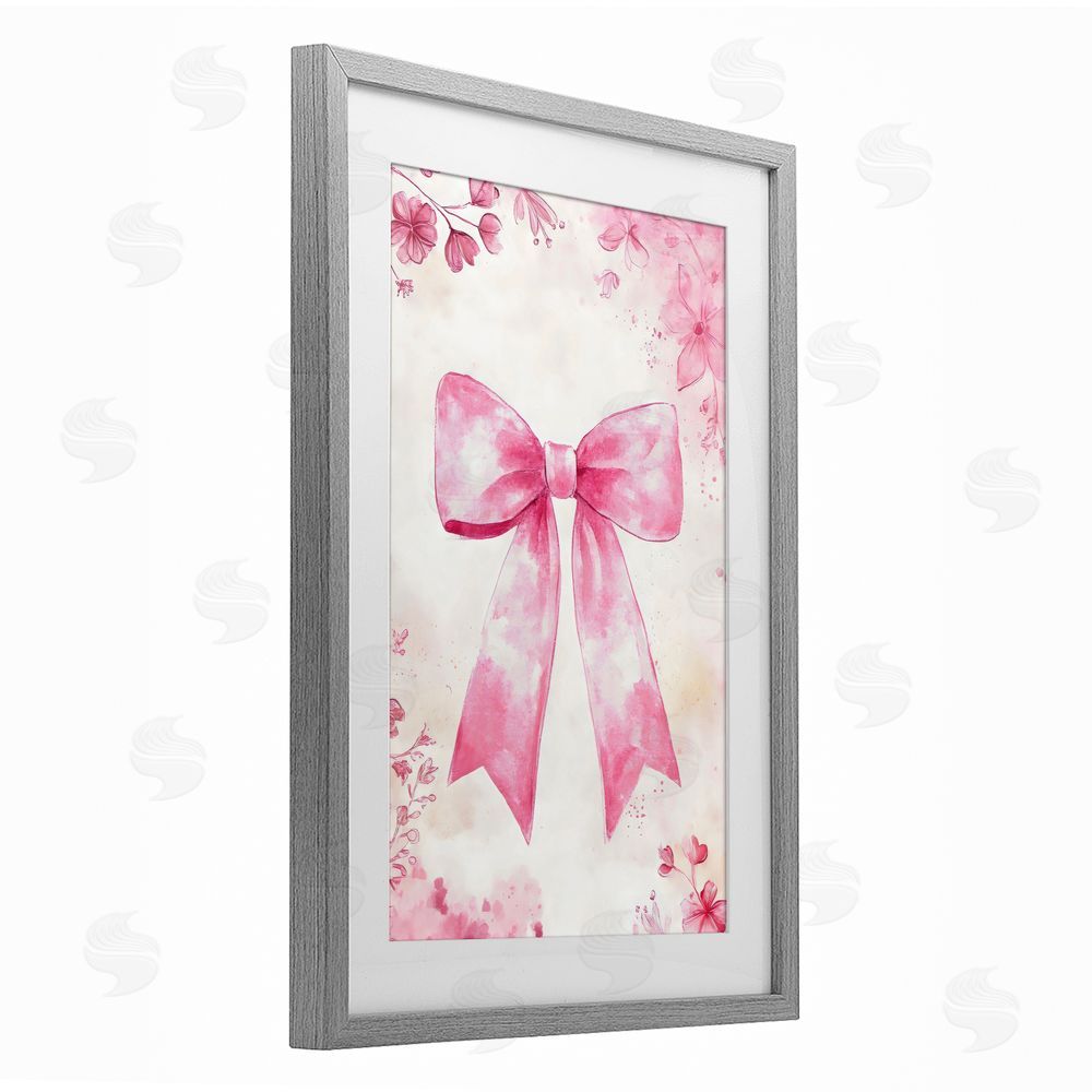 Creative Studio Whimsical Floral Bow Pink & Beige Gray Framed Print Under Glass with White Mat Wall Art