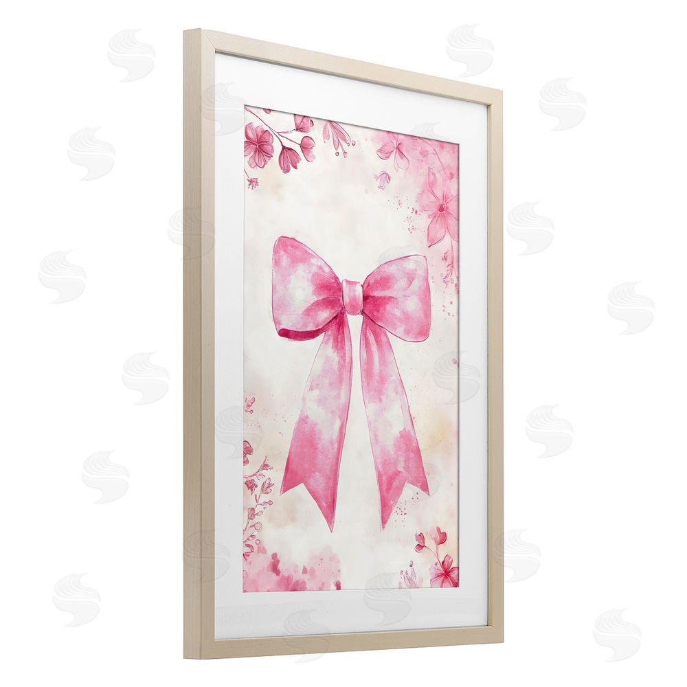 Creative Studio Whimsical Floral Bow Pink & Beige Birch Framed Print Under Glass with White Mat Wall Art