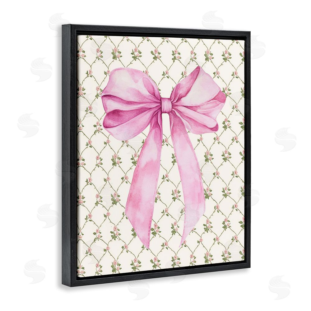 Petal Prints Design Pink Bow on Rose Quilt Pattern Black Floating Frame Canvas Wall Art Print