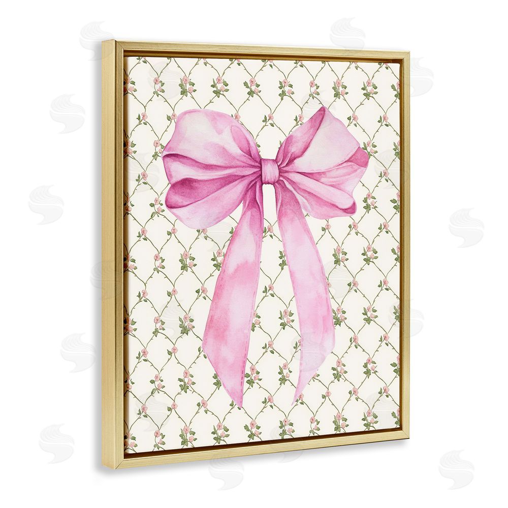 Petal Prints Design Pink Bow on Rose Quilt Pattern Gold Floating Frame Canvas Wall Art Print