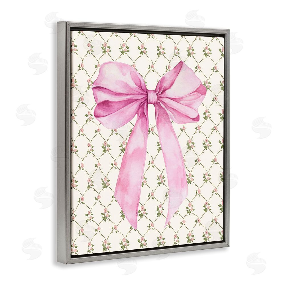 Petal Prints Design Pink Bow on Rose Quilt Pattern Gray Floating Frame Canvas Wall Art Print