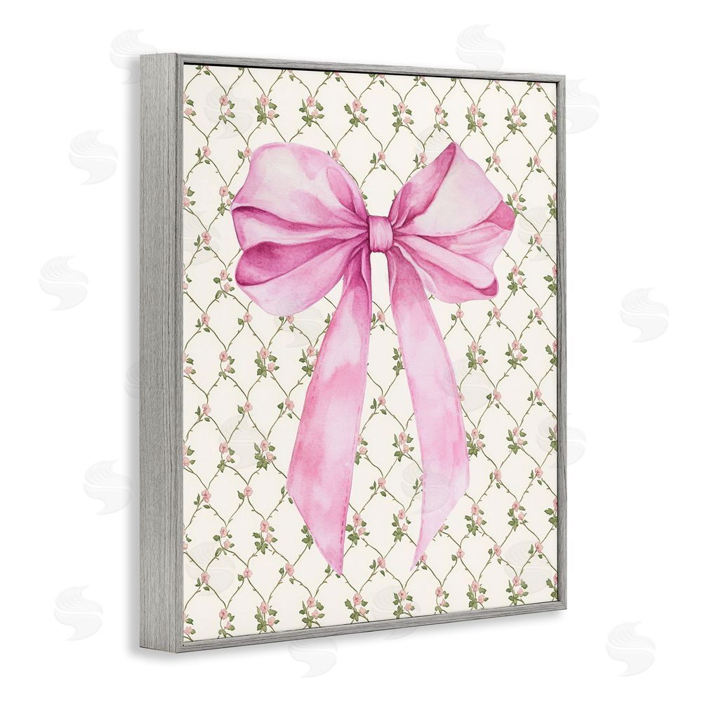 Petal Prints Design Pink Bow on Rose Quilt Pattern Gray Framed Giclee Wall Art Print