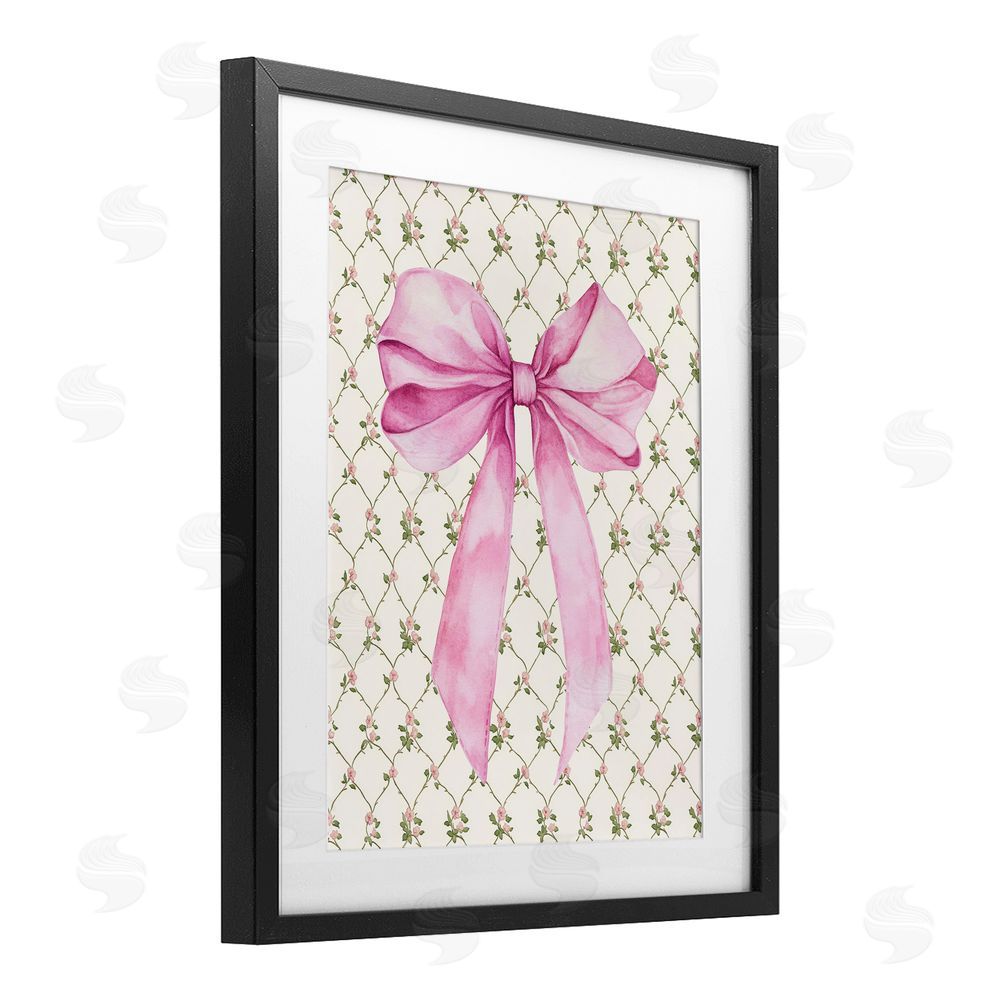 Petal Prints Design Pink Bow on Rose Quilt Pattern Black Framed Print Under Glass with White Mat Wall Art