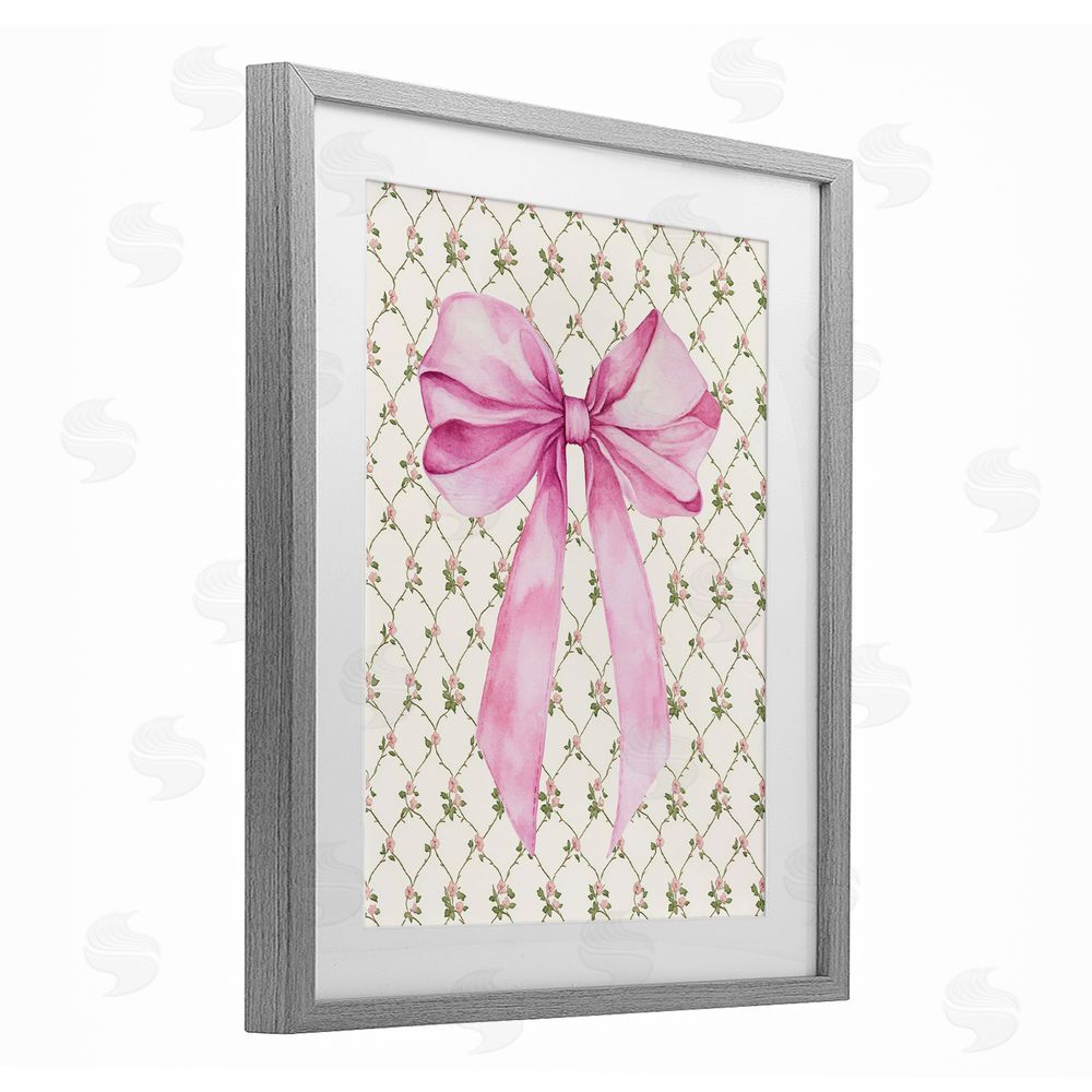 Petal Prints Design Pink Bow on Rose Quilt Pattern Gray Framed Print Under Glass with White Mat Wall Art