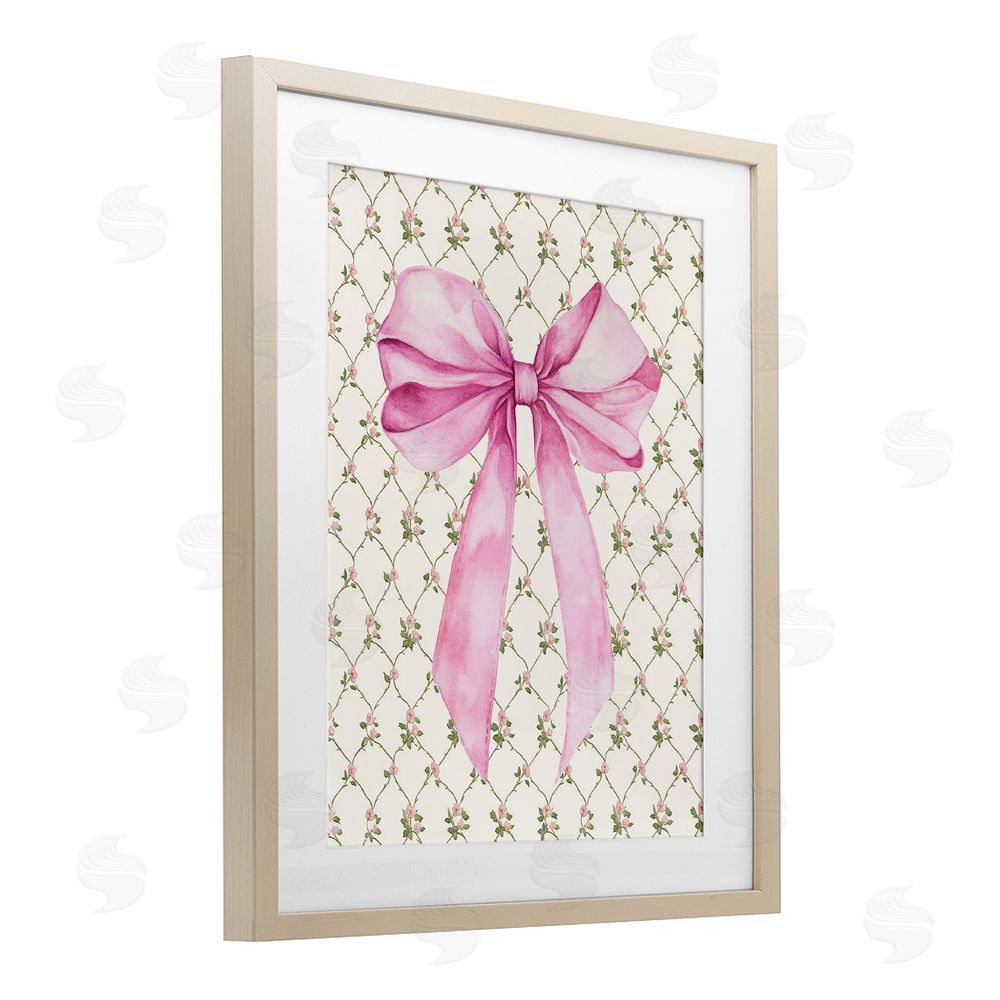 Petal Prints Design Pink Bow on Rose Quilt Pattern Birch Framed Print Under Glass with White Mat Wall Art