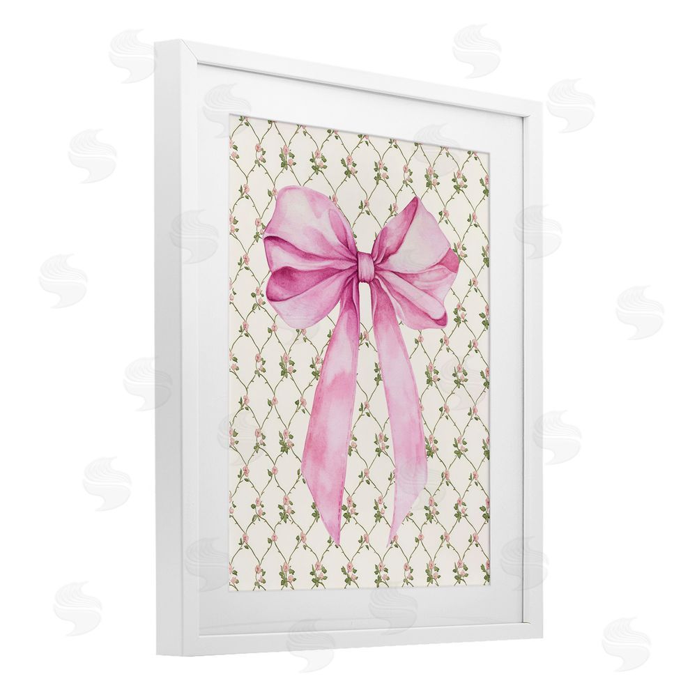 Petal Prints Design Pink Bow on Rose Quilt Pattern White Framed Print Under Glass with Mat Wall Art