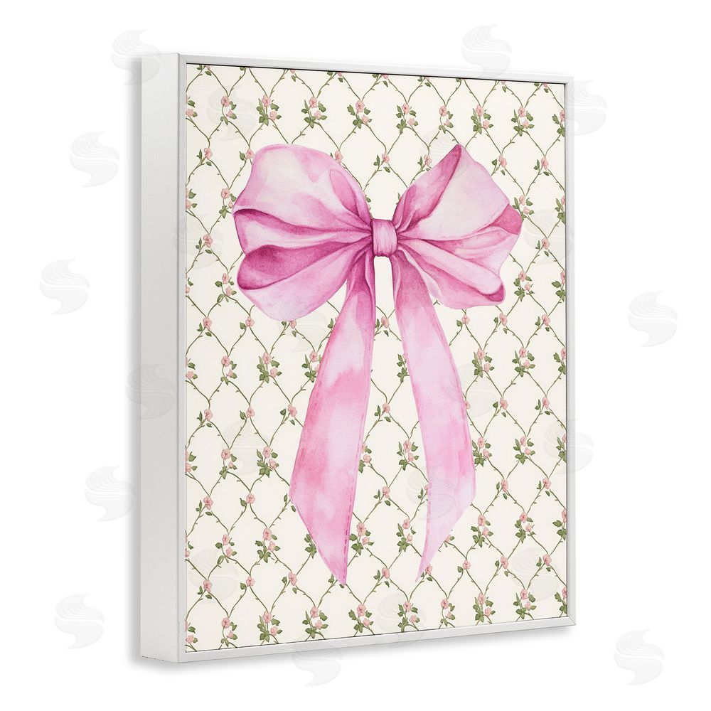 Petal Prints Design Pink Bow on Rose Quilt Pattern White Framed Giclee Wall Art Print
