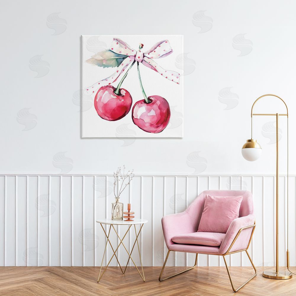 Creative Studio Whimsical Cherries with Dotted Ribbon Canvas Art on Wall