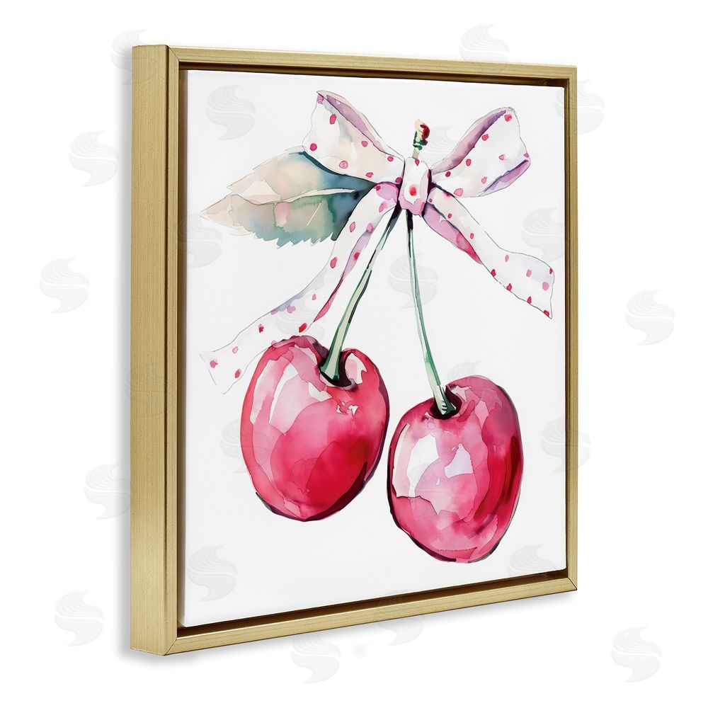Creative Studio Whimsical Cherries with Dotted Ribbon Gold Floating Frame Canvas Wall Art Print