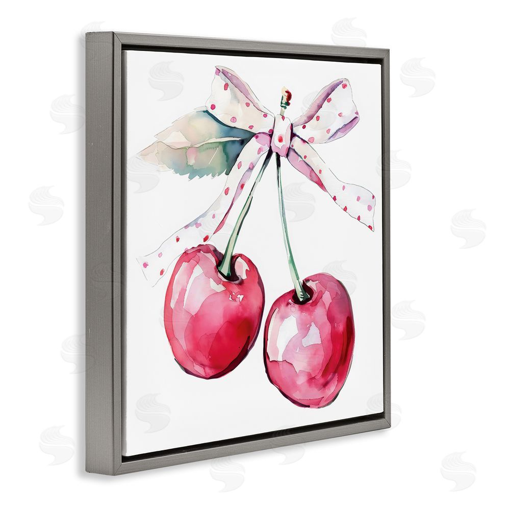 Creative Studio Whimsical Cherries with Dotted Ribbon Gray Floating Frame Canvas Wall Art Print