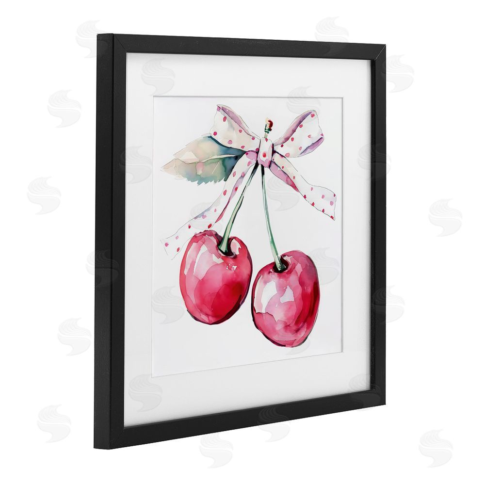 Creative Studio Whimsical Cherries with Dotted Ribbon Black Framed Print Under Glass with White Mat Wall Art