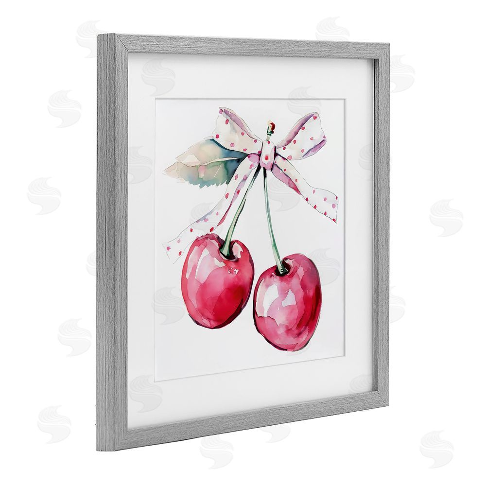 Creative Studio Whimsical Cherries with Dotted Ribbon Gray Framed Print Under Glass with White Mat Wall Art
