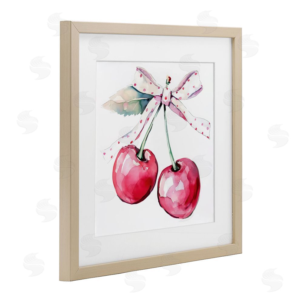Creative Studio Whimsical Cherries with Dotted Ribbon Birch Framed Print Under Glass with White Mat Wall Art