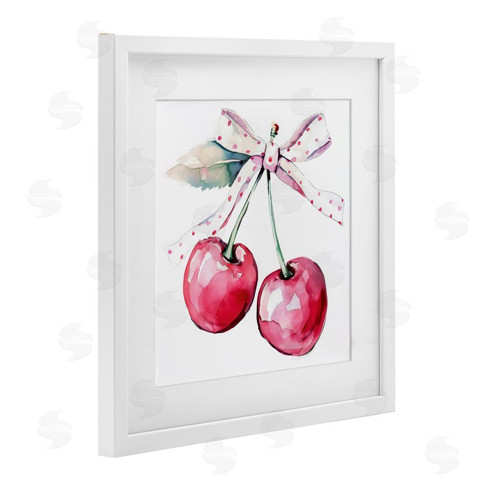 Creative Studio Whimsical Cherries with Dotted Ribbon White Framed Print Under Glass with Mat Wall Art
