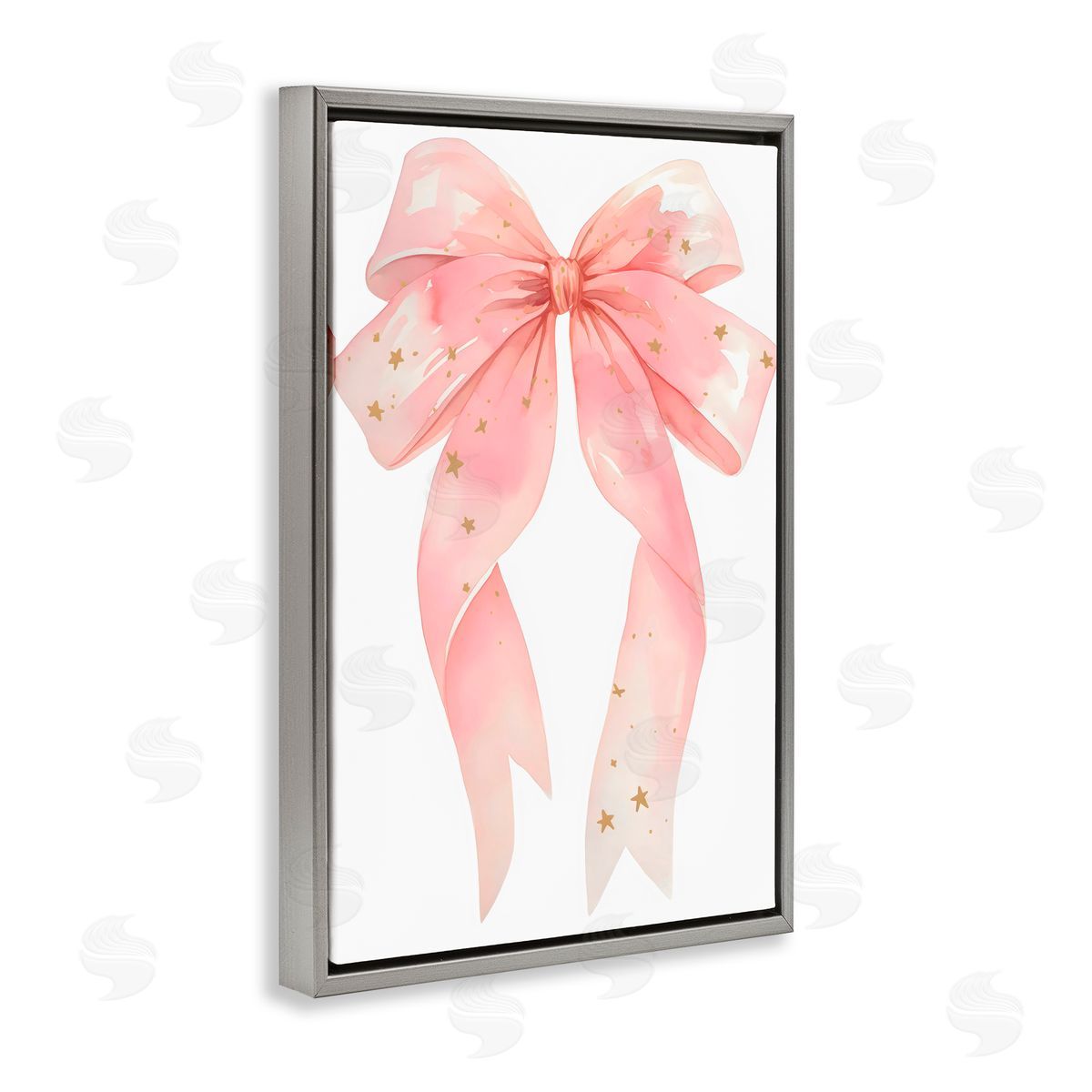 Creative Studio Pink Bow With Gold Stars Gray Floating Frame Canvas Art Print