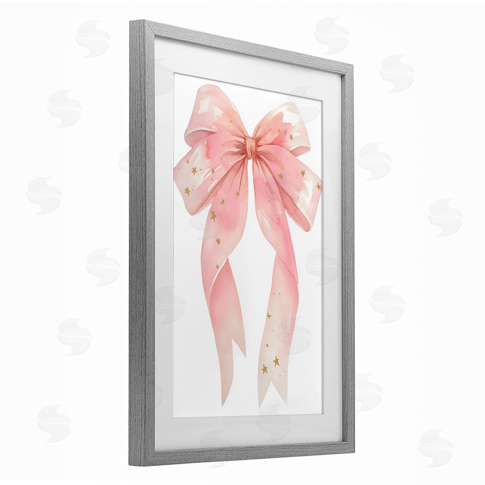Creative Studio Pink Bow With Gold Stars Gray Framed Print Under Glass Art