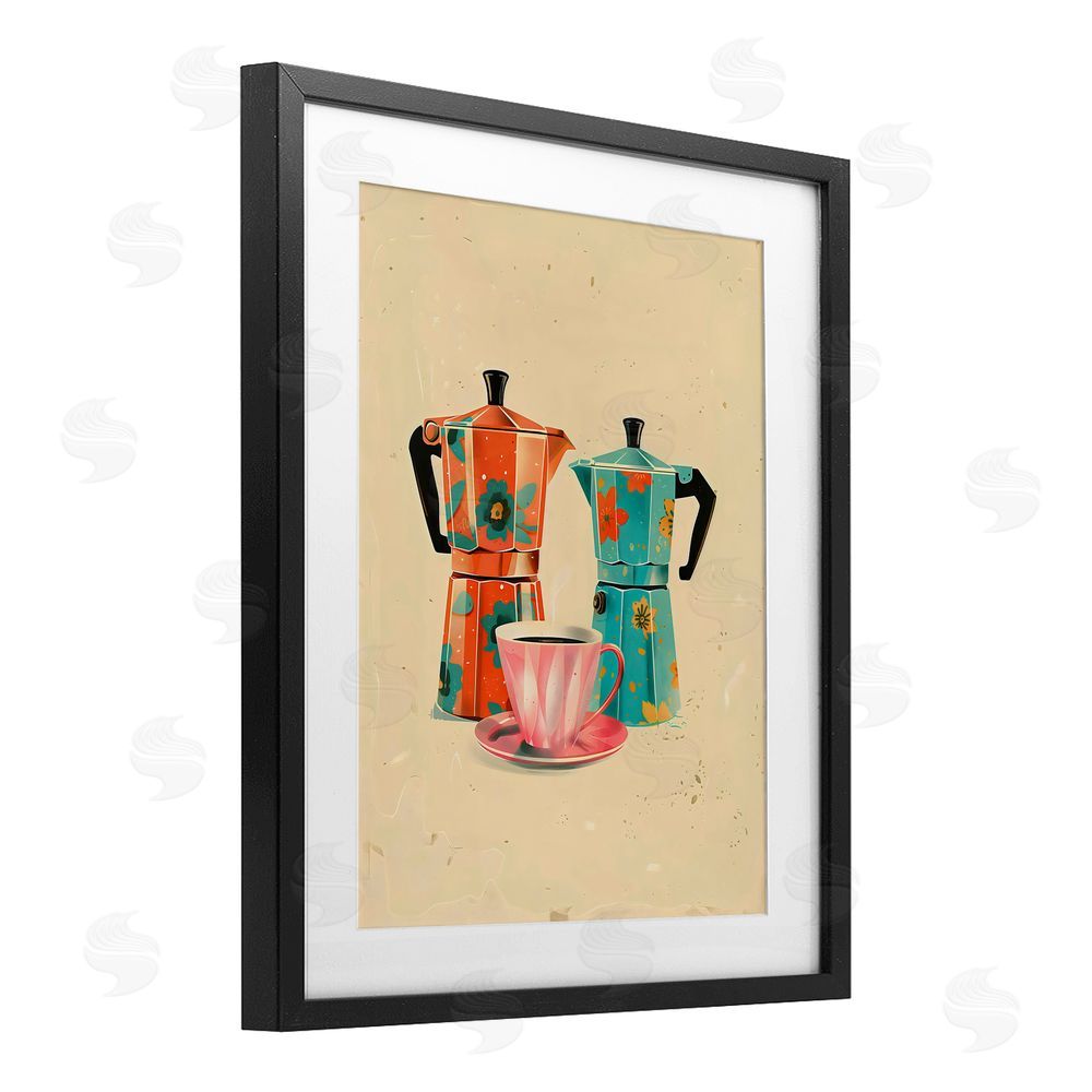 Arlington Prints Retro Morning Moka Pots Black Framed Print Under Glass Art