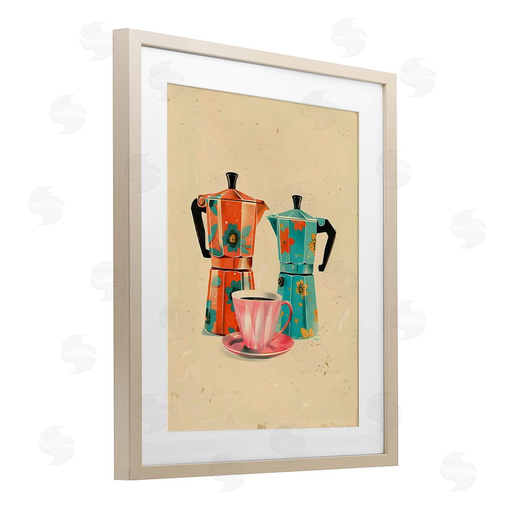 Arlington Prints Retro Morning Moka Pots Birch Framed Print Under Glass Art