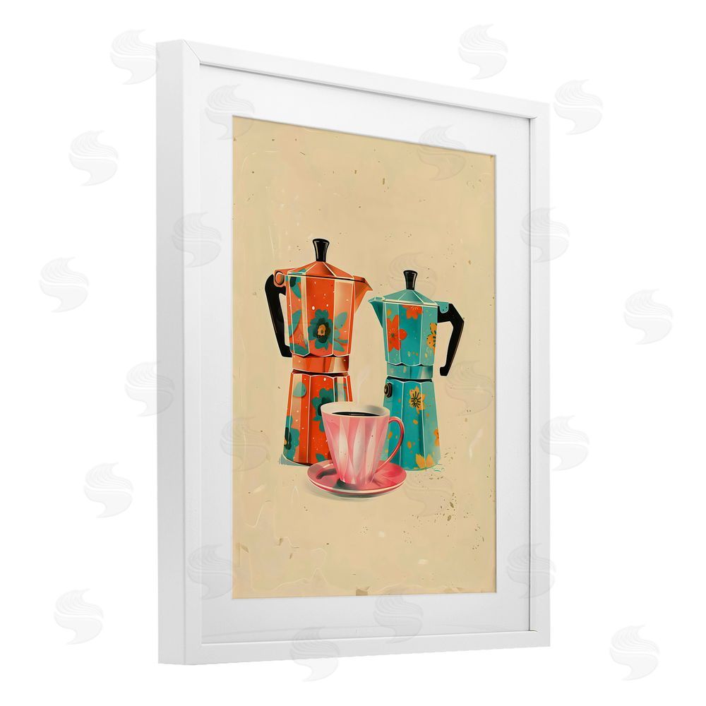 Arlington Prints Retro Morning Moka Pots White Framed Print Under Glass Art