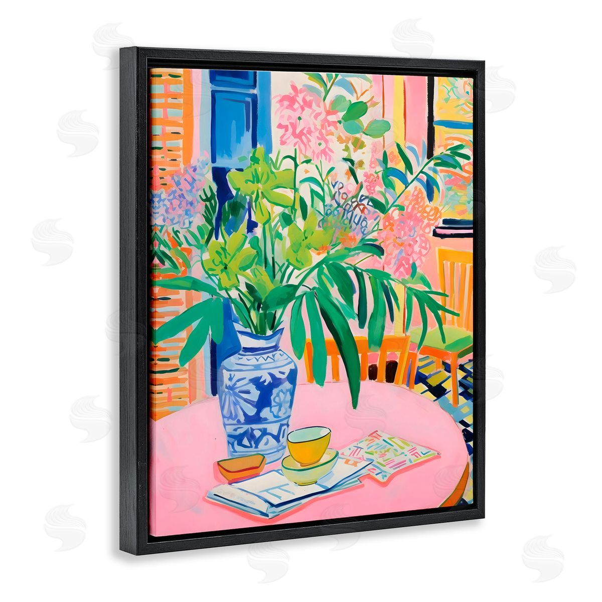Creative Studio Flowers At The Table Black Floating Frame Canvas Wall Art Print