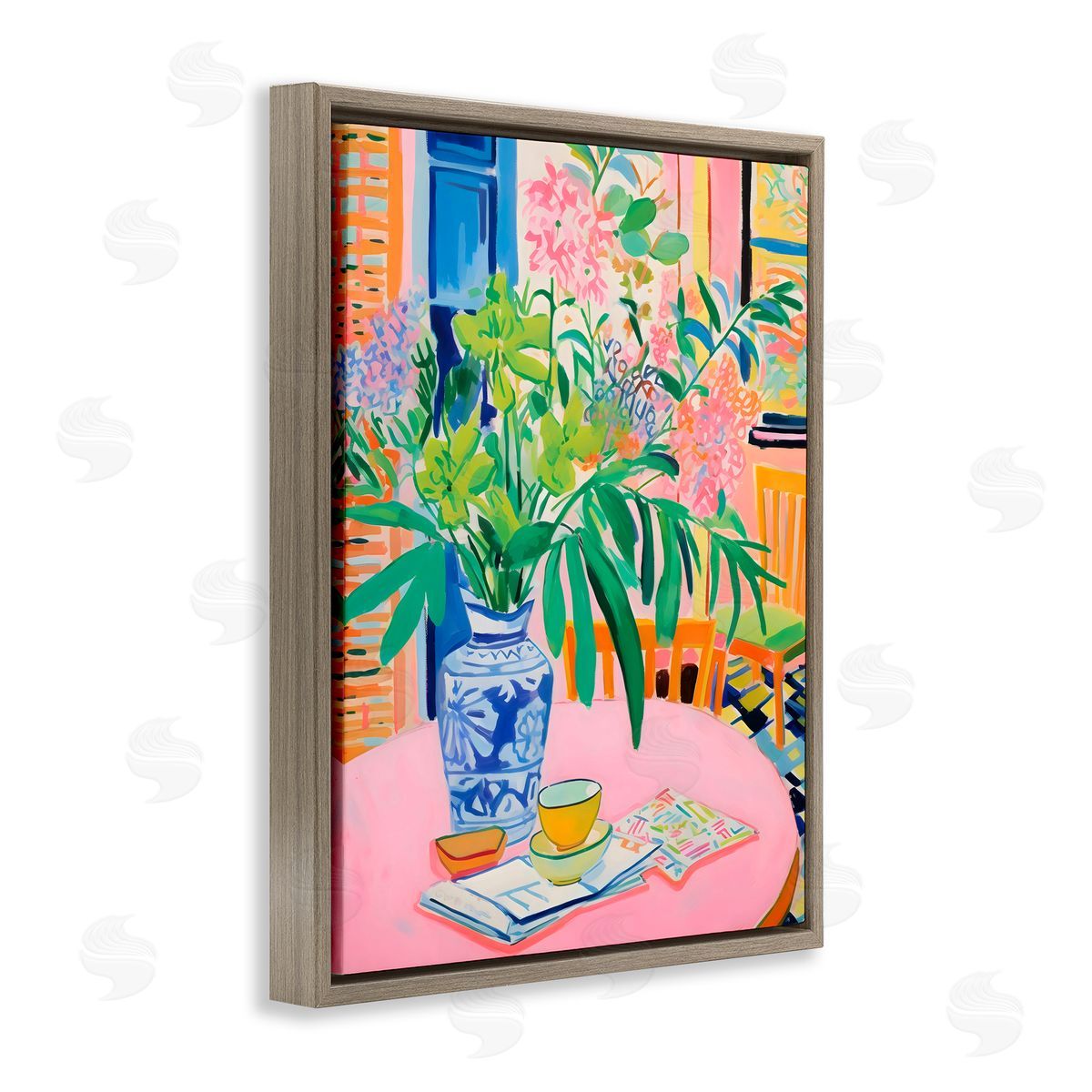 Creative Studio Flowers At The Table Brown Floating Frame Canvas Art Print