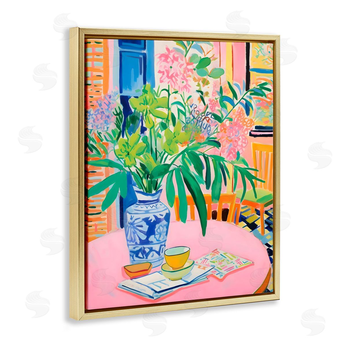 Creative Studio Flowers At The Table Gold Floating Frame Canvas Art Print